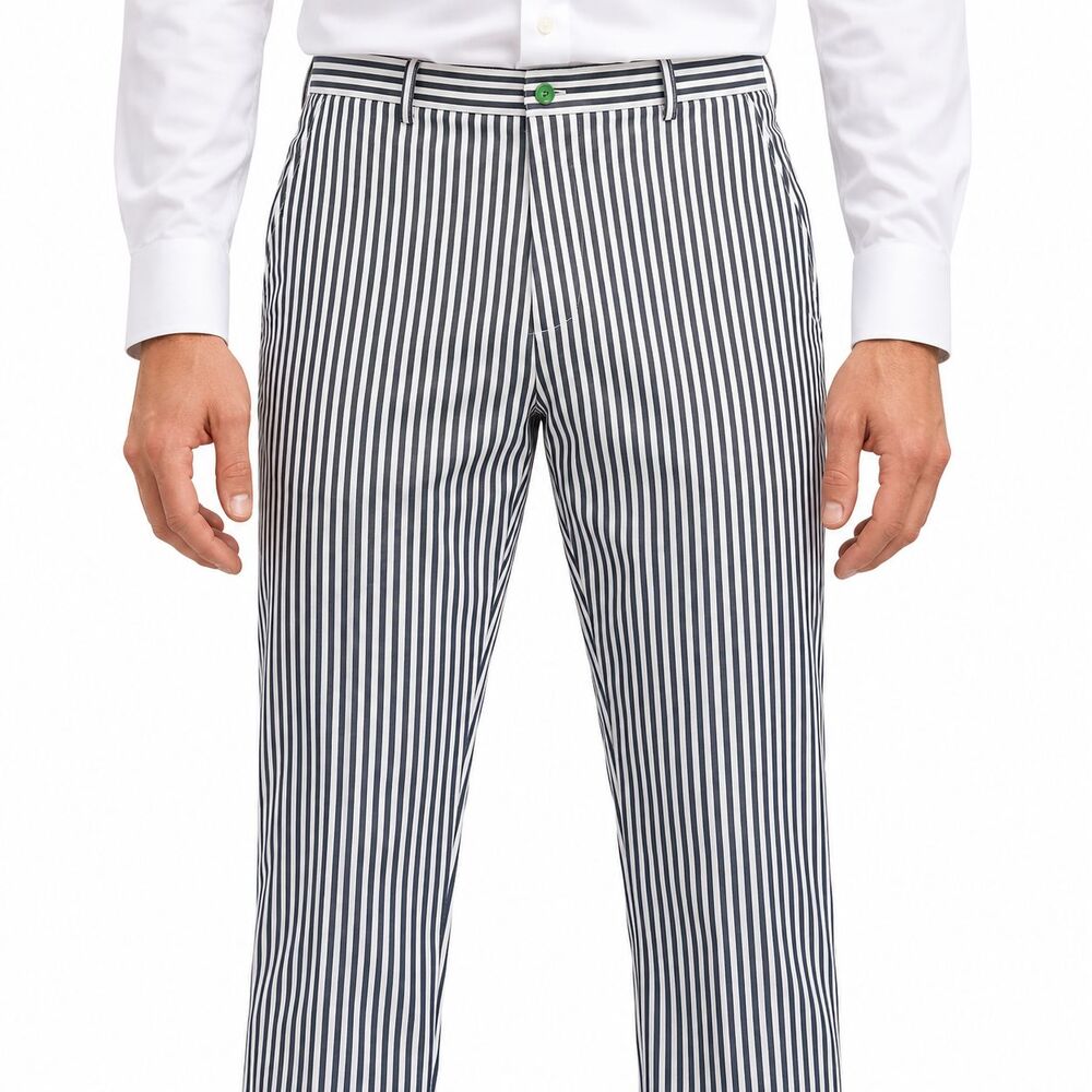 Mens 36 Blue White Striped Cotton Straight Fit Dress Pants Trousers Handmade NWT